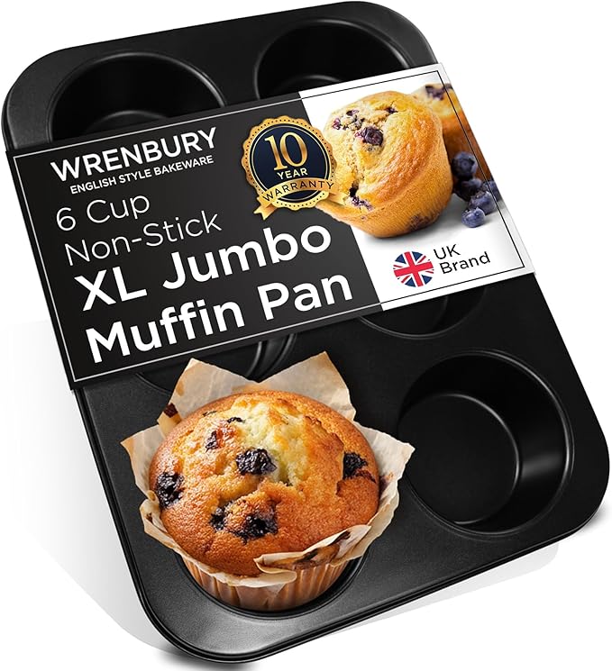 Wrenbury Jumbo Muffin Pan 6 Cup - Nonstick XL Deep Muffin Pan for Baking 4" Cup - Oversized Extra Large Cupcake Mold - Dishwasher Safe - PTFE Free - 446°F Oven Safe