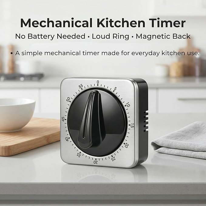Searon Mechanical Kitchen Timer, Magnetic Manual Countdown Timer with Loud Ring, Stainless Steel, No Battery Needed, Easy to Use for Cooking and Baking