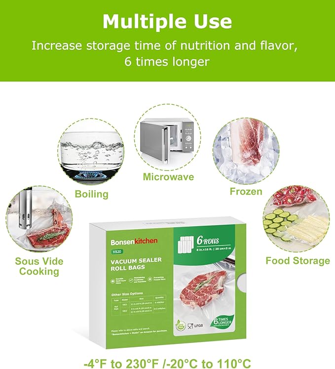 Bonsenkitchen 6 Rolls 8" x 16' Vacuum Sealer Bags for Food with a Color Box, Easy to Store, Commercial Grade, BPA Free, Great for Food Storage or Sous Vide, VB20