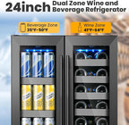 24 Inch Black Dual Zone Wine Fridge,20 Bottle & 88 Cans Wine and Beverage Refrigerator with Glass Door,Undercounter&Freestanding Stainless Steel Handle Wine Cooler Refrigerator for Home,Party