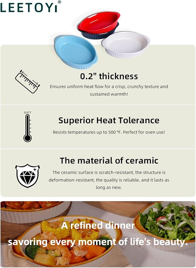 LEETOYI Porcelain Small Oval Au Gratin Pans, Baking Dish Set for 1 or 2 person servings, Bakeware with Double Handle for Kitchen and Home, Set of 2 (White)