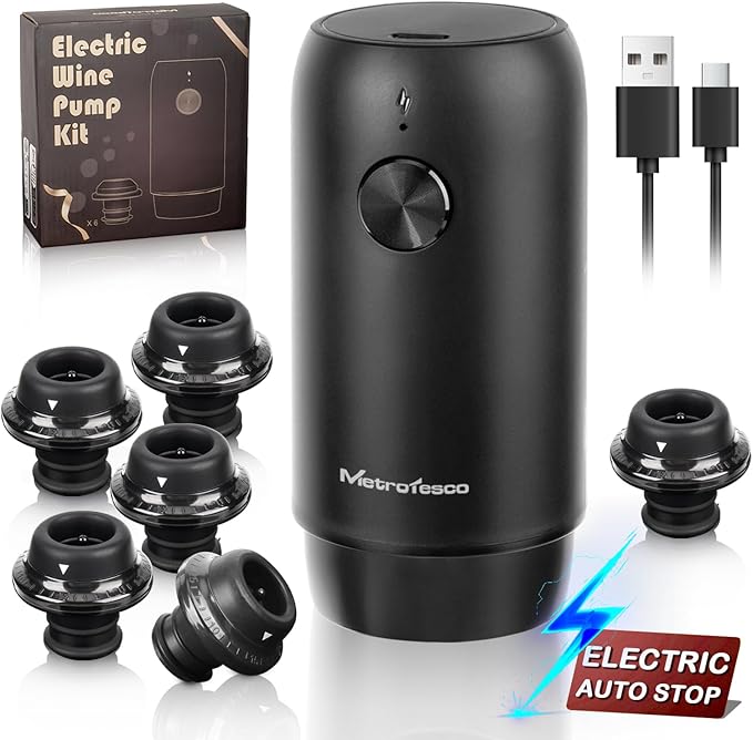 Electric Wine saver pump with 6 wine stoppers vacuum, wine preserver keep Your Wine Fresh for up to 10 Days, USB-C Rechargeable, 1 Pump 6 Stoppers Best Gifts for Wine Lovers, Black