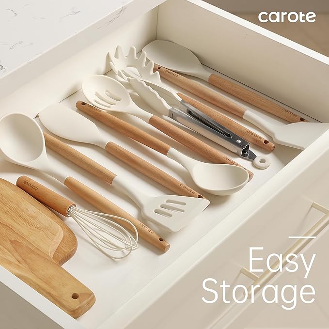 CAROTE Silicone Cooking Utensils Set, Kitchen Utensils Set 10 Pcs for cooking, BPA Free Spatula Set with Heat Resistant Wood Handles for Nonstick Cookware (Cream White)