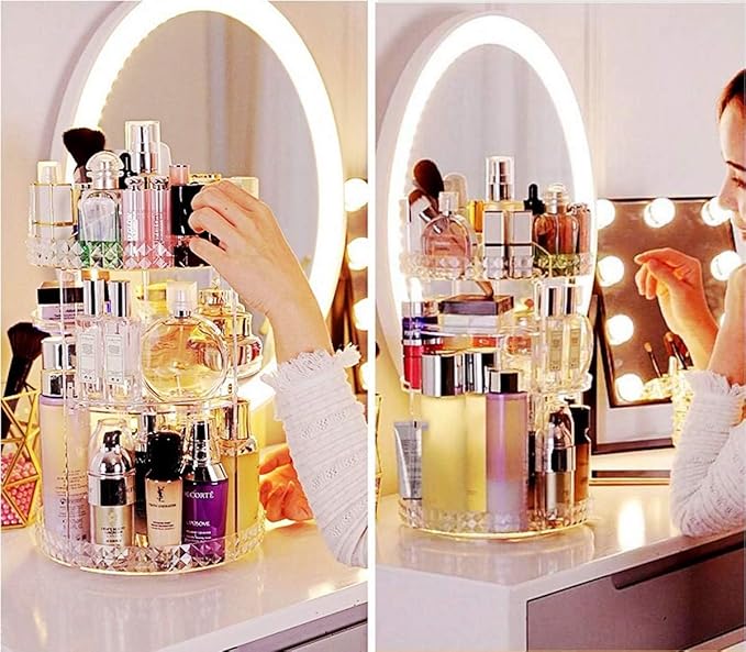 ZHIAI 360 Rotating Makeup Organizer, Large Capacity Cosmetics Organizer for Perfume Holder Organizer Countertop, DIY Adjustable Bathroom Makeup Carousel Holder Rack, Clear Diamond