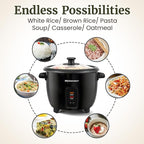 Elite Gourmet Electric Rice Cooker with Steam Tray and Non-Stick Inner Pot Makes Soups, Stews, Grains, Cereals, Keep Warm Feature, 6 Cups Cooked (3 Cups Uncooked), Black