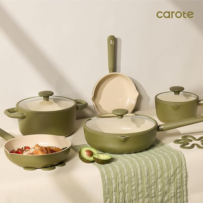 CAROTE 21pcs Cookware Set Nonstick Pots and Pans Set, Ceramic Cookware Set Induction Cookware, Non toxic Healthy Non Stick Kitchen Cooking Set, PFAS PTFE Free