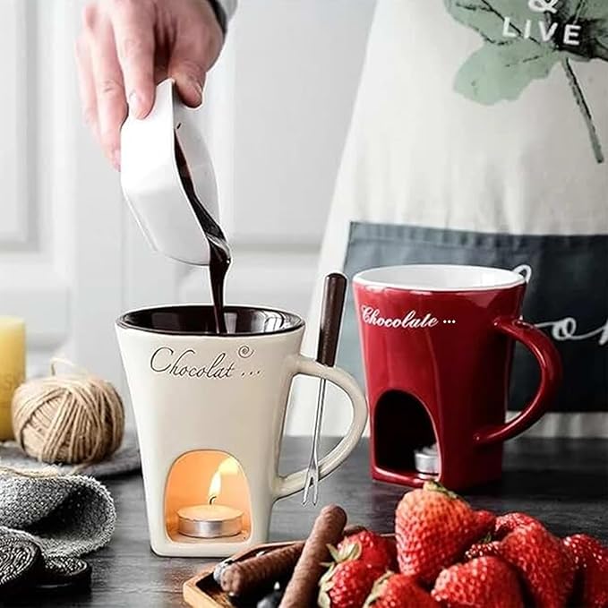 Chocolate Fondue Mug with Fork, Chocolate Fondue Cup, Personal Chocolate Melting Cup for Cheese, Ceramic Chocolate Melting Cup, Chocolate Melting Mug For Date Night Birthday Wedding Gifts (Red)