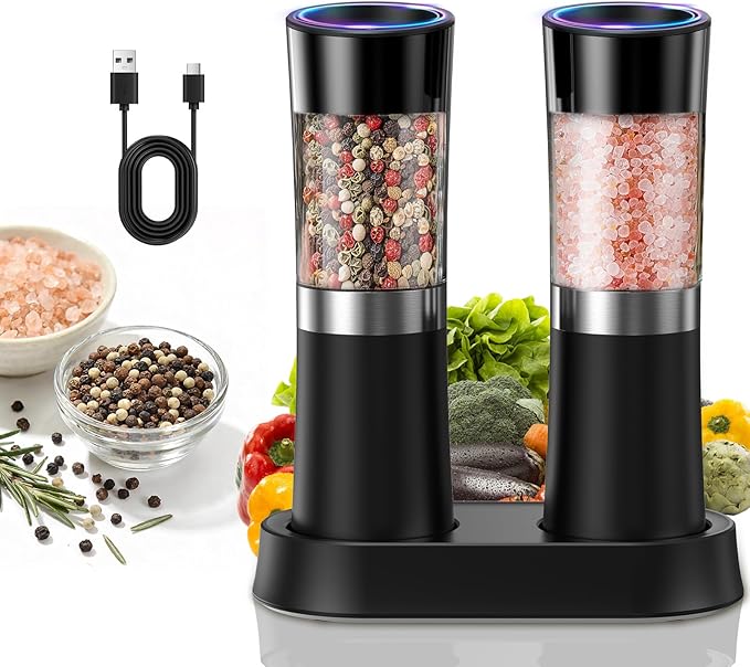 CIRCLE JOY Gravity Sensor Salt and Pepper Grinder Set with Charging Base, Electric Salt and Pepper Mills Set with LED Light, Adjustable Coarseness, No Battery Needed, for Home Kitchen BBQ