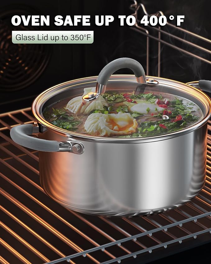 Cook N Home Stainless Steel Cookware Sets, 3-Ply 12 Pcs Pots and Pans Set with Stay-Cool Handle, Non-Toxic, Induction-Ready, Dishwasher & Oven Safe, Combatible w/ All Cooktops