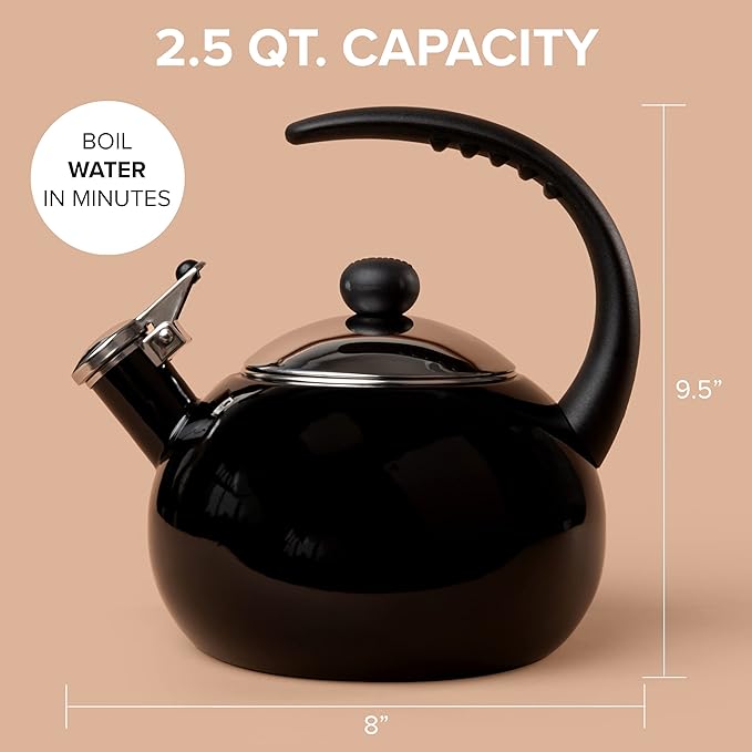 Farberware Luna Water Kettle, Whistling Tea Pot, Works For All Stovetops, Porcelain Enamel on Carbon Steel, BPA-Free, Rust-Proof, Stay Cool Handle, 2.5qt (10 Cups) Capacity (Black)