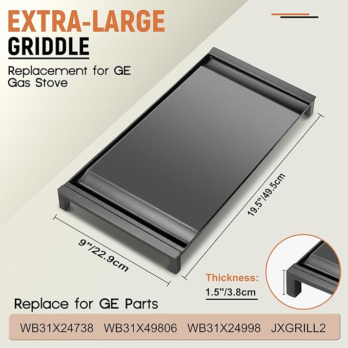 UPGRADED WB31X24738 Ceramic Non-stick Griddle Replacement for GE Stove Cooktop, PFAS & PTFE Free, Food-grade Non-stick Coating, 19.5"×9" Integrated Griddle Plate for GE Gas Stove Top Center