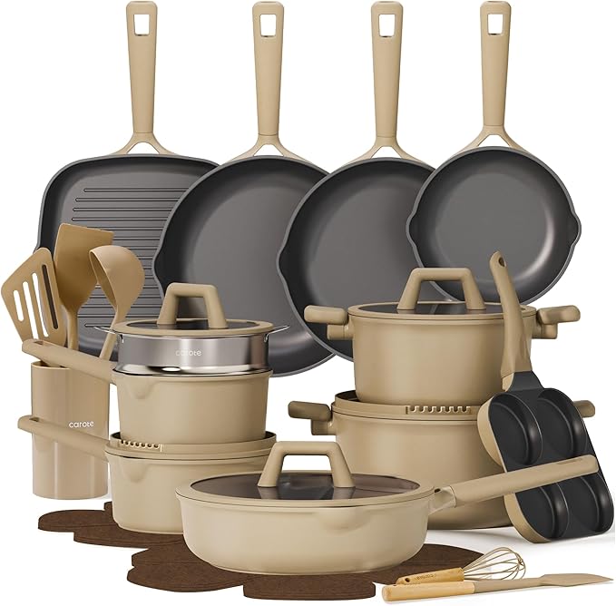 CAROTE 31PCS Pots and Pans Set, Nonstick Cookware Set Kitchen Non Stick Induction Titanium Cookware Non-toxic Granite Cooking set, PFOA Free