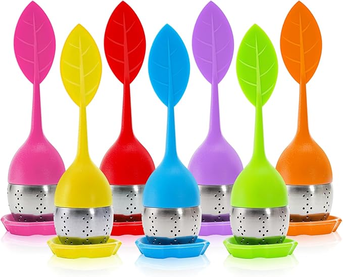 Bekith 7 Pack Silicone Tea Infuser, Cute Loose Leaf Tea Steeper, Fine Mesh Tea Strainer with Drip Tray, Stainless Steel Tea Filter Ball Tea Diffuser Steeper for Cup Mug