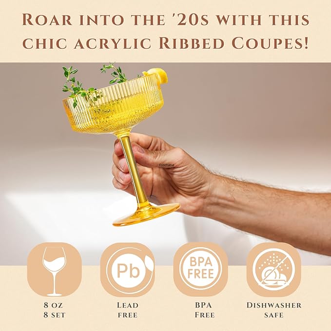 Khen Shatterproof Acrylic Ribbed Vintage Art Deco Martini, Champagne & Cocktail Spring & Summer Bright Pastel Colors Plastic Coupe Glasses | 8 Set | 8oz Ripple Classic Indoor & Outdoor, European Style