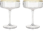Viski Meridian Vintage Coupe Glasses, Art Deco Champagne Coupe Glassware, Gold Rimmed Stemmed Drinkware Set of 2, 11.5 oz