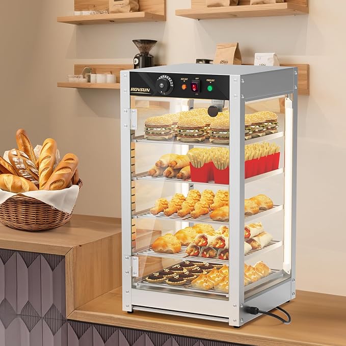 ROVSUN 5-Tier Commercial Food Warmer, 15" Pizza Warmer Food Warmer Display with LED Adjustable Lighting Glass Door Removable Shelves, Countertop Electric Food Warmer for Buffet Restaurant 110V 800W