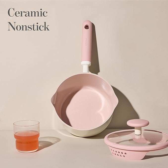 CAROTE 2.5QT & 3.0QT Sauce Pan Sets with Lid & Ladle Ceramic Nonstick Pot Set Non Toxic Saucepan with Stay-cool Handle Small Kitchen Cooking Pots, Easy to Clean, Induction Comptable, PFOA FREE