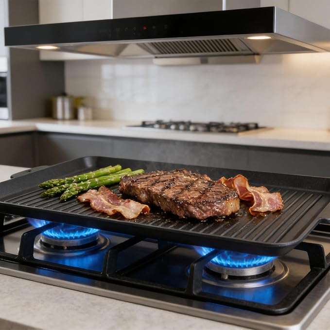 SafBbcue 19 x 11.5 Inch Cast Iron Griddle Pan - Versatile for Stovetop, Oven, Grill & Campfire, Features a Ridged Surface, Suitable for Kitchen and Outdoor Cooking, Pan Frying, Baking