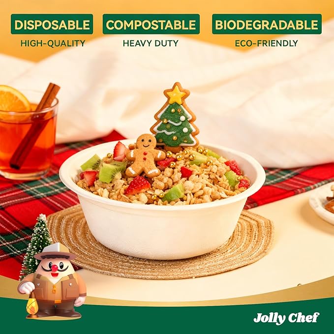 JOLLY CHEF Compostable Disposable Paper Bowl [16 oz] Heavy Duty Soup Containers [500 Pack] Biodegradable Bagasse Hot Cold Food Eco-Friendly Sugarcane Microwavable Bowls for Salad Milk Dinner Christmas