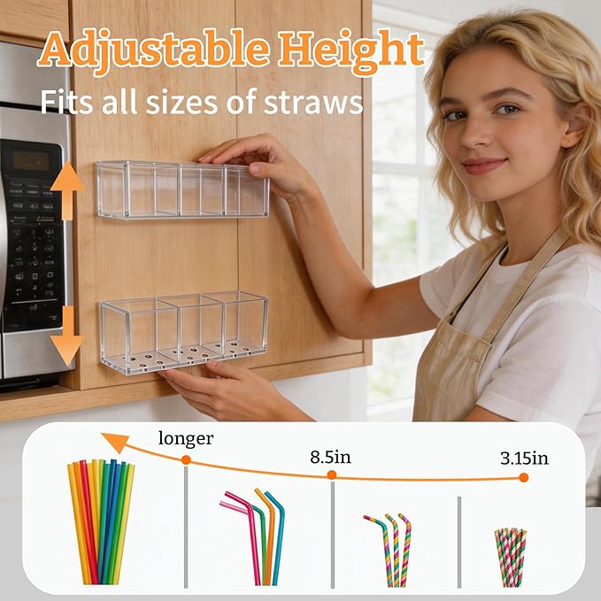2 PACK Small Acrylic Straw Holder for Cabinet Doors, Reusable Adjustable Two-Part Straw Organizer with Ultra Sticky Adhesive Strips, 2026 Space-Saving Straw Storage for Kitchen Cupboard