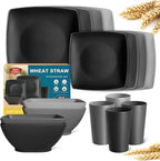 Teivio 16-piece Plastic Wheat Straw Square Dinnerware Set for 4, Unbreakable Dinner Plates, Salad Plates, Snack Bowls, Tumblers 13.5 oz, Dishwasher Safe, Gray Ombre