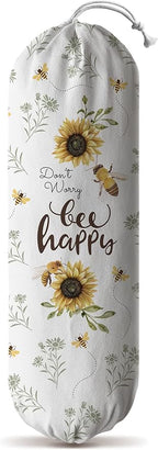 Hglian Kitchen Grocery Bag Holder,Bee Happy Plastic Bags Organizer Shopping Trash Bags Storage,Cute Bee Sunflower Farmhouse Home Décor
