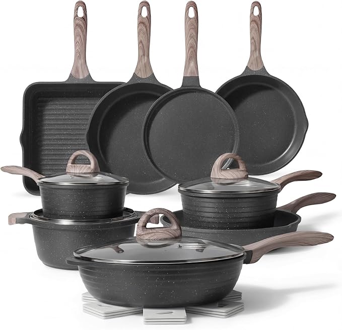 JEETEE Pots and Pans Set Non Stick 23pcs, Healthy Kitchen Cookware Sets, Induction Cooking Set W/Gray Frying Pans, Saucepans, Sauté & Griddle & Crepe Pan (PFOA, PFAS Free)