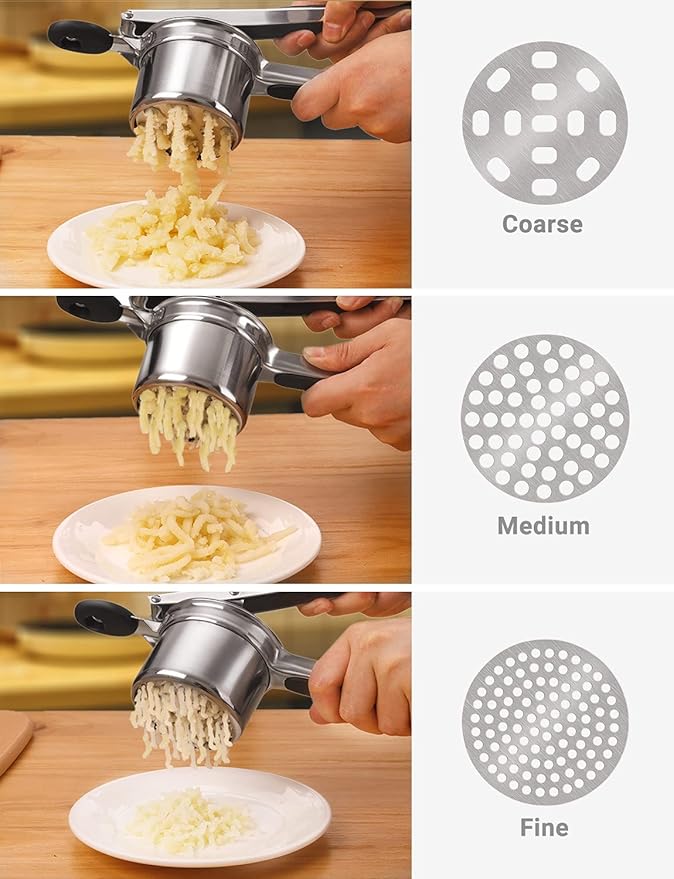Potato Ricer, Stainless Steel Fruit and Vegetables Masher Food Ricer Large Capacity with 3 Interchangeable Discs & Inner Cup