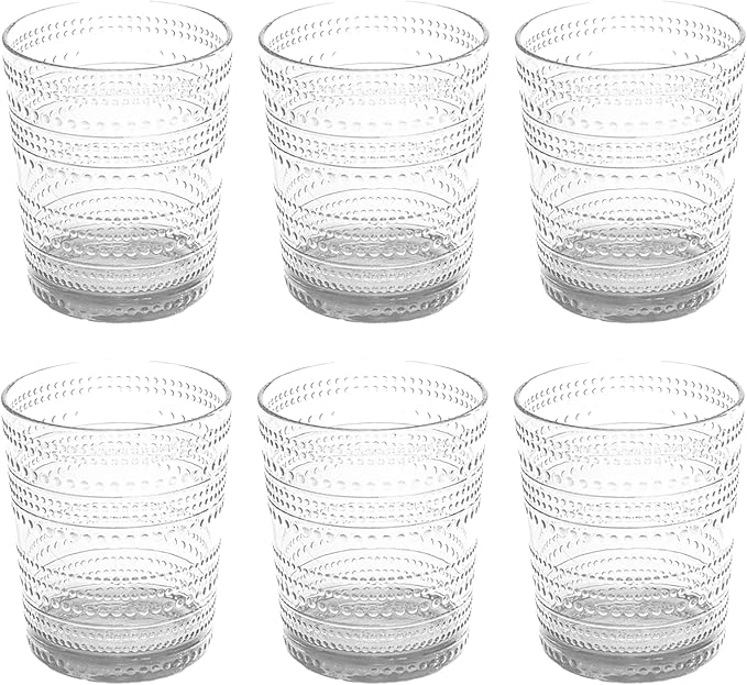 Beaded 15.6 oz Durable Acrylic Double Old Fashioned Drinking Glasses, Shatter-Resistant and Dishwasher-Safe Indoor/Outdoor Drinkware for Scotch, Bourbon, Cocktails - Clear - Set of 6