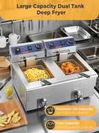 FOHERE Commercial Deep Fryer with Basket and Lid, 23.3Qt/22L Electric Deep Fryer with Oil Filtration, Time & Temp Control, 3000W Stainless Steel Deep Fryer Countertop for Kitchen Restaurant