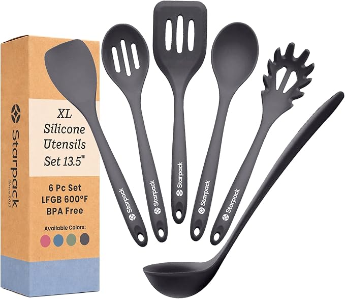 Starpack 'Like a Boss' XL Premium Silicone Cooking Utensils Set (6 Pcs) 13" - Heat Resistant Kitchen Utensils 600°F - Non-Stick Silicone Utensil Set - Large Kitchen Utensils Set for Cooking & Serving