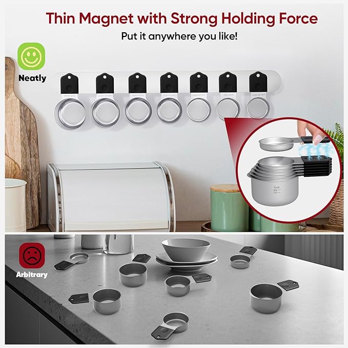 Magnetic Measuring Cups & Spoons Set|304 Stainless Steel Dual Scale Set of 15, Strong N52 Magnetic Nesting Design with Leveler, for Dry&Liquid Ingredients, Dishwasher Safe(Black)