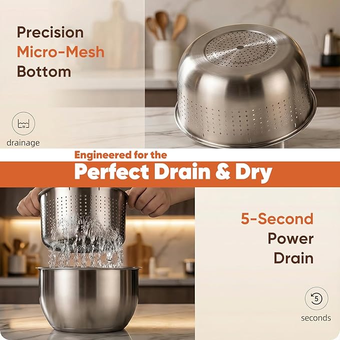 Stainless Steel Salad Spinner & Fruit Washer, 6L Quick-Spin Vegetable Spinner with Drain Lid, Pasta Dryer & 3-Bowl Set, Commercial-Grade Salad Spinner for Kitchen, Easy Clean & Dishwasher Safe
