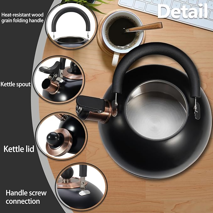 Tea Kettle,Whistling Tea Kettle Stovetop 2.6 Quart, Tea Pots for Stove Top Food Grade Stainless Steel,Wood Pattern Handle(Black),With Anti Scald Towel