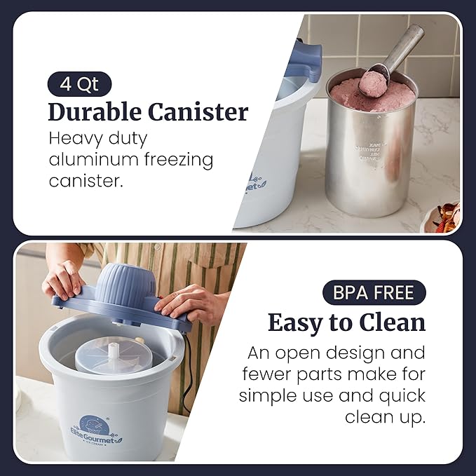 Elite Gourmet 4Qt Electric Ice Cream Maker EIM350X Delicious Homemade Ice Cream, Gelato, Sorbet, Frozen Yogurt, 4Qt Aluminum Freezing Cannister, Durable Plastic Ice Bucket, Powerful 50W, Periwinkle