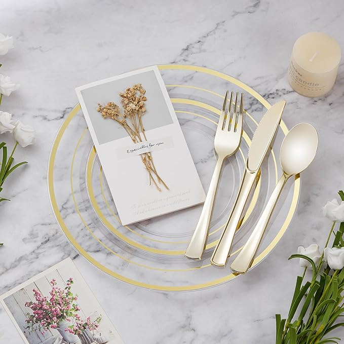 BESTVIP 100PCS Clear Plastic Plates, 10.25 Inch Disposable Dinner Plate Party with Gold Rim, Heavy Duty Disposable Plastic Plates for Party, Wedding and Birthday, Christmas, Thanksgiving