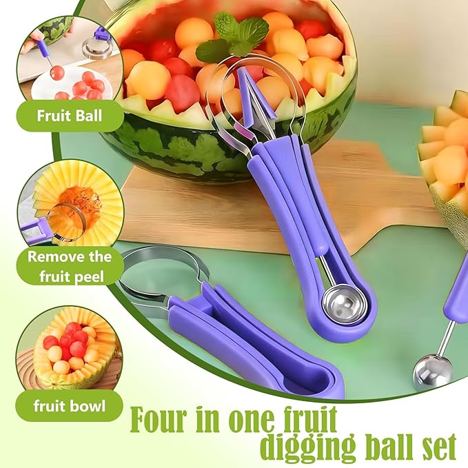 Suuker Melon Baller Scoop Set,4 In 1 fruit cutters shapes, watermelon scooper fruit scooper and baller, fruit carving tools (Dark Blue)