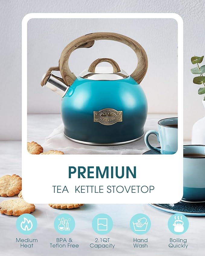 Hauce Radio Tea Kettle, Whistling Stovetop Teapot Food Grade Stainless Steel Tea Kettles for Stove Top with Anti-hot Ergonomic Handle,Kettle Spout for Tea, Coffee or Milk, 2.1 Quart Tea Pots