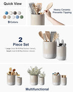 LE TAUCI Utensil Holder for Kitchen Counter, 7.3"+5.4" Fluted Ceramic Utensil Crock Organizer for Countertop, Heavy Large Holder for Spatulas, Spoons, Set of 2, Gray Marble