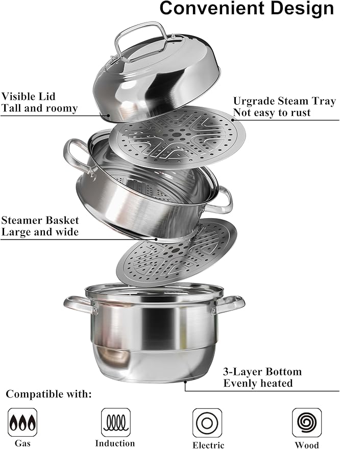 VENTION 3 tier Steamer Pot Stainless Steel 28cm, Induction Steamer for Cooking, 11 Inch Steam Pot for Dumpling