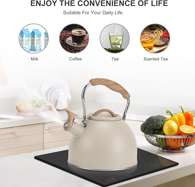 Tea Kettle, Vegoran 100 OZ / 3 Liter Whistling Tea Kettle, Tea Pots for Stove Top Food Grade Stainless Steel with Wood Pattern Folding Handle, Loud Whistle Kettle for Tea, Coffee, Milk (Milk White)