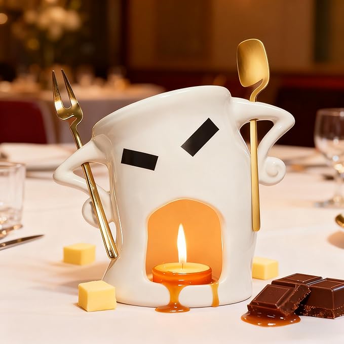 Ceramic Fondue Cup Set w/Built-In Fork & Spoon - Mini Chocolate/Cheese Fondue Mug | Microwave & Dishwasher Safe | Compact Gift-Ready (Gold)
