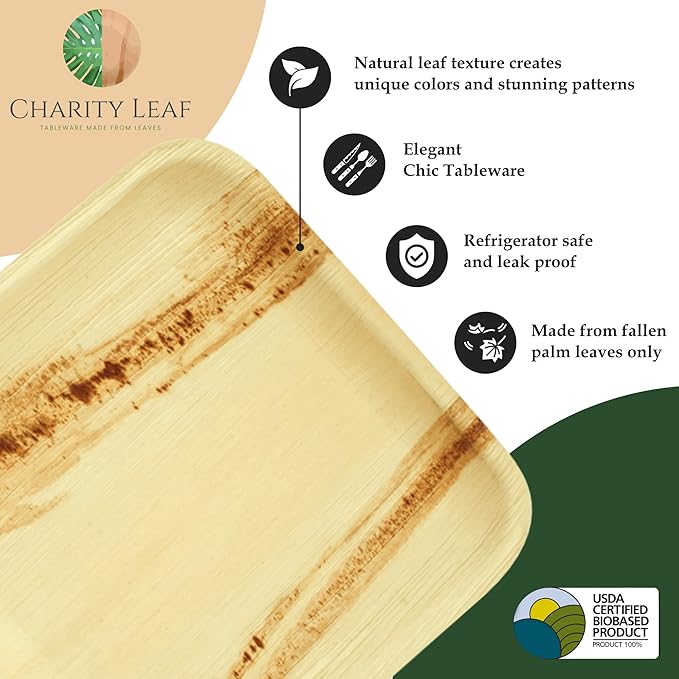 Charity Leaf 200-Pack 9"x6" Palm Leaf Trays | Eco-Friendly, Compostable Bamboo-Style Platters for Events & Weddings