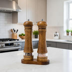 Wooden Salt and Pepper Grinder Set, Premium Oak Wood Salt Grinders Shakers, Pepper Mill with Acrylic Clear Window, Adjustable Ceramic Grinder (8″ - 2 Packs with Tray)