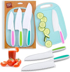 Kids Knife Set for Real Cooking, 4 Pieces Toddler Knife Set, Nylon Kitchen Baking Knife with Cutting Board, Firm Grip, Serrated Edges Kids Knives for Cutting Cakes, Fruit, Veggies & Bread