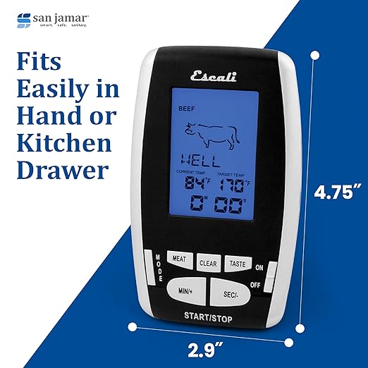 San Jamar Escali Plastic Wireless Thermometer & Timer, Custom Alerts, Stainless Steel Probe with 200ft Range for Commerical Kitchen, Black