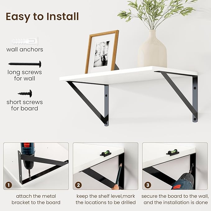 Fun Memories Deep Floating Shelves for Wall, 16W x 8D Wall Mounted Shelves Set of 2, Wide Display Ledge Shelf with Sturdy Metal Brackets for Living Room, Bathroom, Bedroom and Kitchen, White