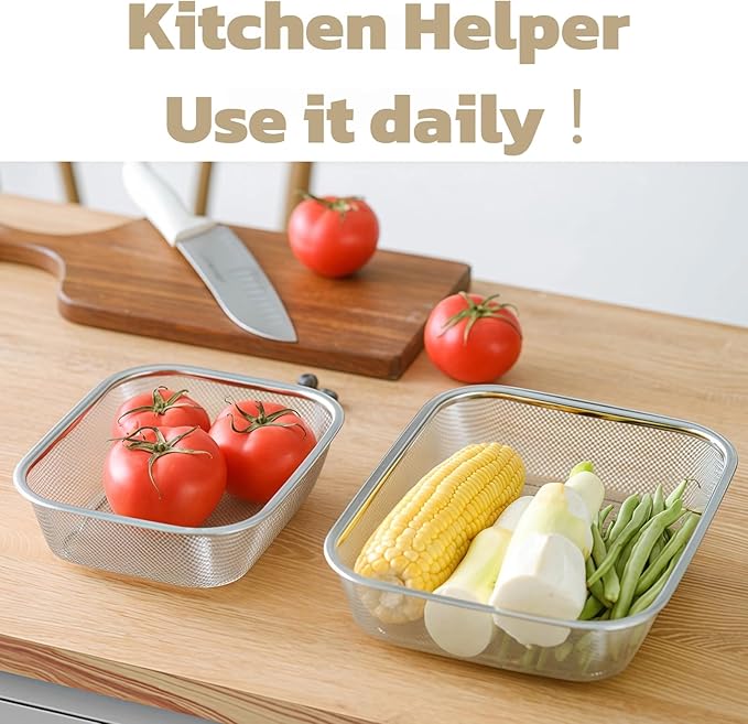 18/8 Stainless Steel Fine Mesh Strainer Basket with Feet, Rectangular Colander for Vegetables, Fruits, Pasta, Noodles – Rustproof, Durable & Easy to Clean (8.67 inch)