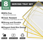 FOCUSLINE 8 PCS Plastic Serving Trays for Party, Clear and Gold Rim Serving Platters and Trays, Premium Plastic Fruit Tray, Disposable Platters for Cupcake, Dessert, Appetizers