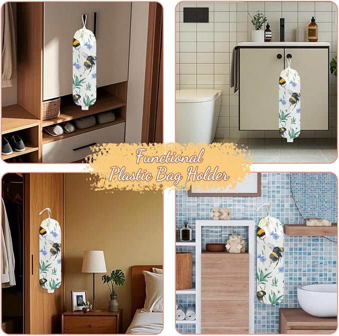 Bee Plastic Bag Holder, Wall Mount Grocery Bag Holder, Plastic Storage bag, Pull Rope Free Adjustment, Plastic Bag Holders for Grocery Bags, Plastic Bag Dispenser for Home Kitchen